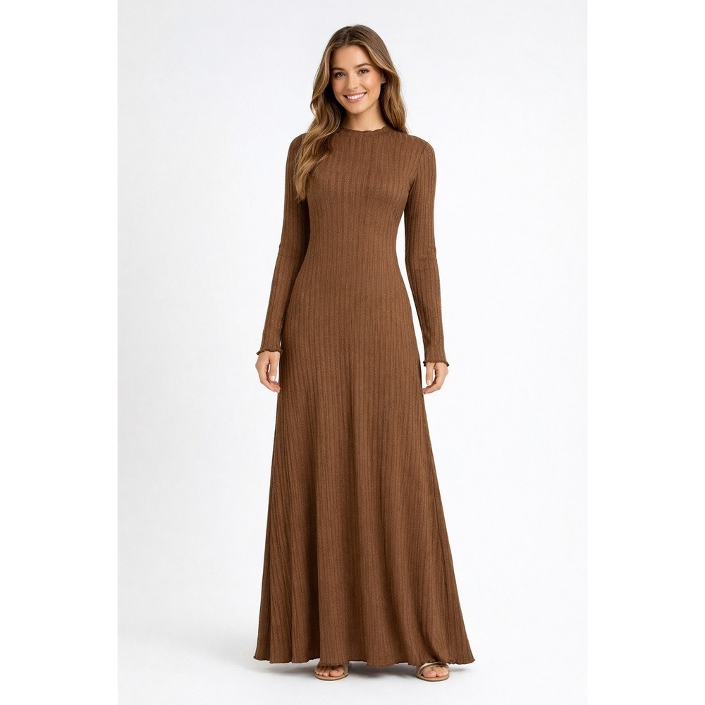 Mango Dress Women Large Brown Ribbed Maxi Lettuce Trim Mock Neck Grunge